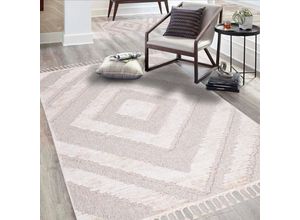 4262372647597 - Teppich CARPET CITY Valencia 813 Teppiche Gr B L 200 cm x 290 cm 20 mm 1 St beige (creme graublau) Fransenteppich Esszimmerteppiche Boho-Stil Raute-Muster 3D-Effekt mit Fransen Sisal