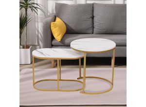 4262386286447 - Satztisch Couchtisch Beistelltisch 2 tlg HWT52-WEI Marmor Weiß Dekor Gestell Gold