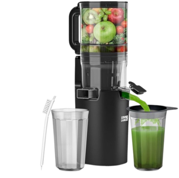 4262406932354 - LEBENLANG Slow Juicer - Vertikale Saftpresse mit 12 cm Einfüllöffnung - 300W - Inklusive 2 Saftschalen - BPA-frei - Für ganzes Obst und Gemüse
