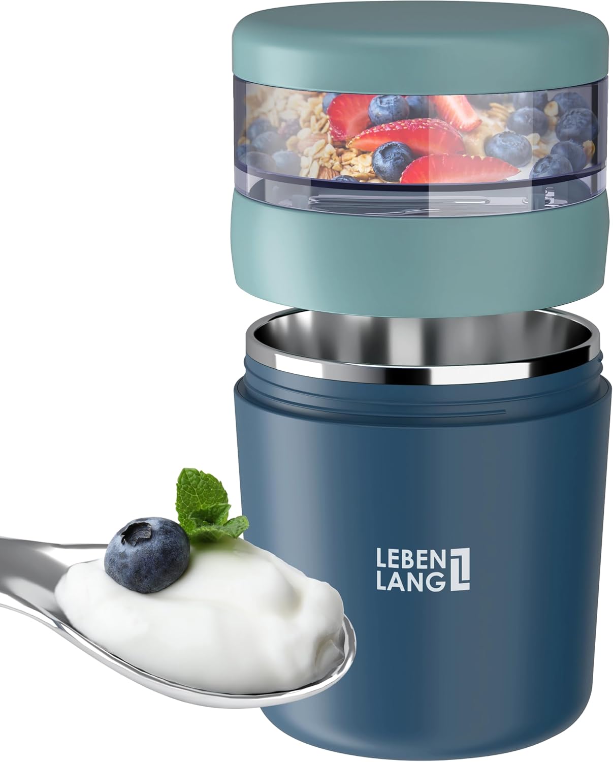 4262406932545 - LEBENLANG Müslibecher - Auslaufsicherer Joghurtbecher mit Löffel - 650 ml - 97 x 97 x 16 cm - Blau