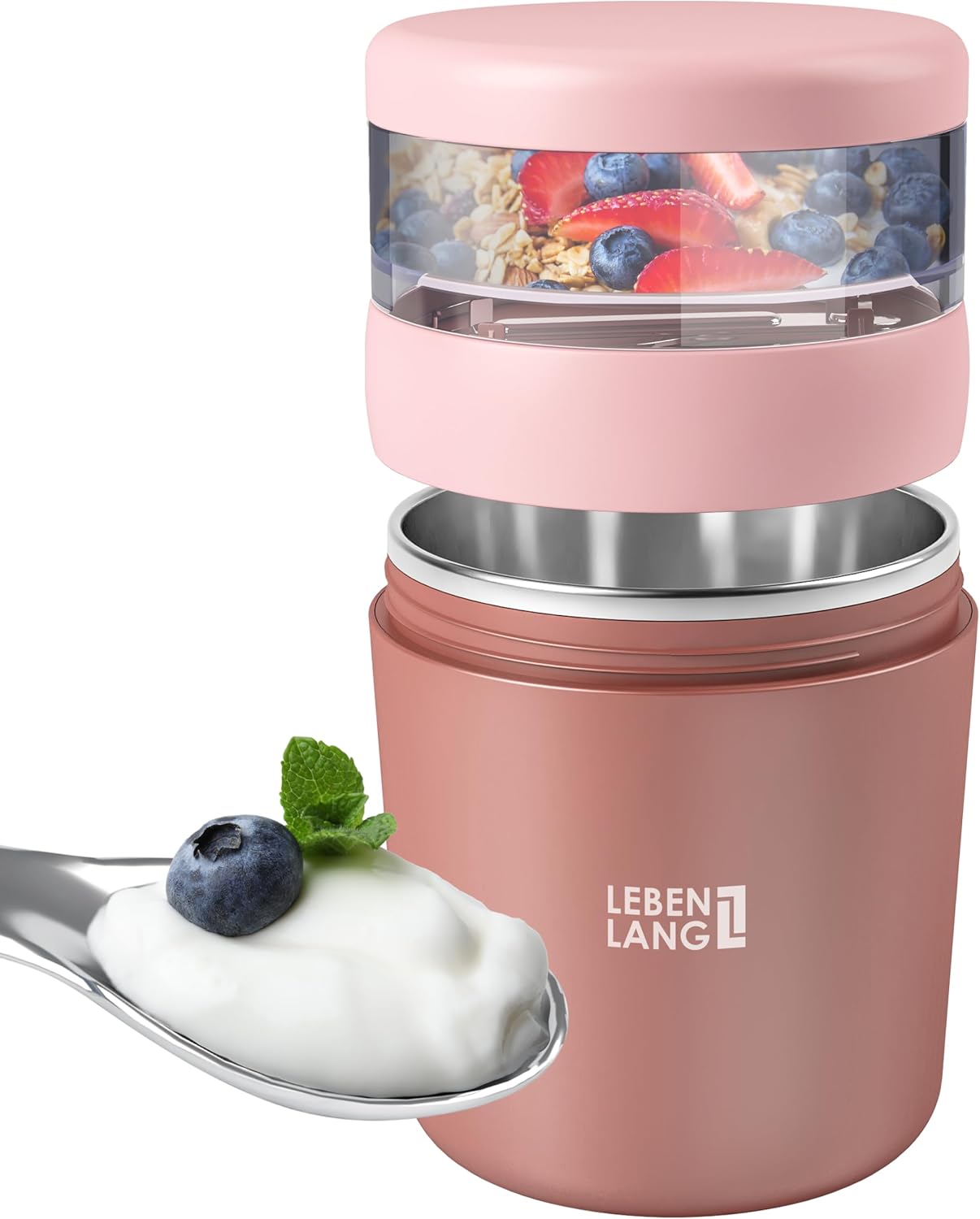 4262406933009 - LEBENLANG Müslibecher - Auslaufsicherer Joghurtbecher mit Löffel - 650 ml - 97 x 97 x 16 cm - Pink 4262406933009 - LEBENLANG Müslibecher - Auslaufsicherer Joghurtbecher mit Löffel - 650 ml - 97 x 97 x 16 cm - Pink