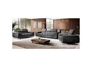 4262413691244 - M-Punk Polstergarnitur Miami 3-2-1 Samtstoff Grau Anthrazit mit Bett Kopfteilverstellung Bett Sofa Schlafsofa Wohnlandschaft