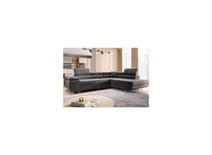 4262413691398 - M-Punk Wohnlandschaft Ecksofa MIAMI Samt Grau mit Bett Bettkasten Kopfteilverstellung Bett Sofa Schlafsofa Ottomane rechts