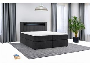 4262413691824 - Boxspringbett KUBA mit Bettkasten Visco Topper LED 180 x 200 cm Webstoff Bett Bettkasten Topper - Schwarz