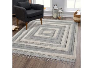 4262420646169 - Teppich CARPET CITY VALENCIA 940 Teppiche Gr B L 200 cm x 290 cm 20 mm 1 St blau (grau blau) Esszimmerteppiche Boho-Stil Hochtief-Muster 3D-Effekt mit Fransen