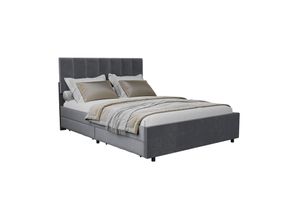 4262437181257 - Samt Polsterbett Soria 140x200 cm mit Lattenrost & Schubladen - modernes Bett - Kopfteil höhenverstellbar - Jugendbett - Doppelbett Grau - Juskys