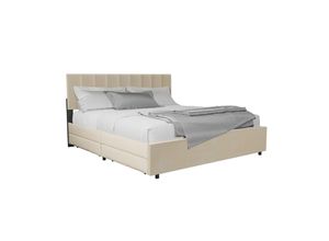 4262437181264 - Samt Polsterbett Soria 180x200 cm mit Lattenrost & Schubladen - modernes Bett - Kopfteil höhenverstellbar - Jugendbett - Doppelbett Beige - Juskys