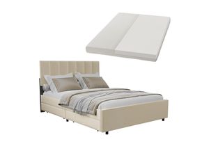 4262437181288 - Samt Polsterbett Soria 140x200 cm mit Matratze Lattenrost & Schubladen - modernes Bett - Kopfteil höhenverstellbar - Doppelbett Beige - Juskys