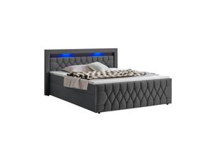 4262437181608 - Boxspringbett Leona 140x200 cm - Bett mit led Beleuchtung Topper & H4 Federkern Matratzen - Einzelbett Bettkasten Grau mit Samt und Steppung - Juskys