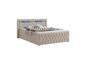 4262437182889 - Boxspringbett Leona 140x200 cm - Bett mit led Beleuchtung Topper & H4 Federkern Matratzen - Einzelbett Beige mit Samt und Steppung - Juskys