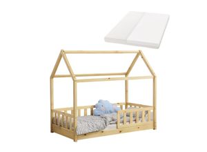 4262437183138 - Kinderbett Marli 80 x 160 cm mit Matratze Gitter Lattenrost & Dach - Bett Natur