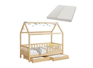 4262437183176 - Kinderbett Marli 80 x 160 cm mit Matratze Bettkasten Gitter Lattenrost & Dach - Bett Natur