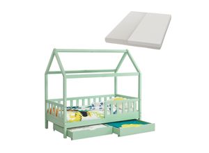 4262437183190 - Kinderbett Marli 80 x 160 cm mit Matratze Bettkasten Gitter Lattenrost & Dach - Bett Mint