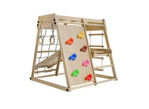 4262437183299 - Mini Klettergerüst für Kinder - Indoor Spielplatz mit Rutsche Kletterwand Kletternetz & Turnringe - Holz Kletterturm klappbar - Natur - klein