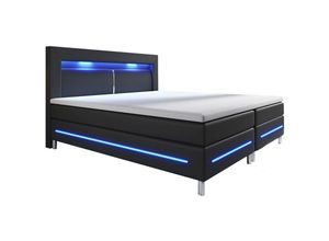 4262437183404 - Boxspringbett Norfolk – led Beleuchtung Bonell-Matratzen Topper & Kunstleder – 66 cm Komforthöhe – Bett Doppelbett 200 x 200 cm – schwarz - Juskys