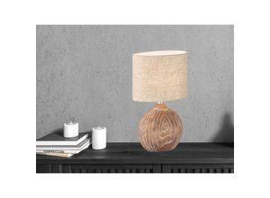 4262442794640 - Led Tischlampe mit Keramikfuß Holzfarben & Lampenschirm Leinen Beige Höhe 39cm
