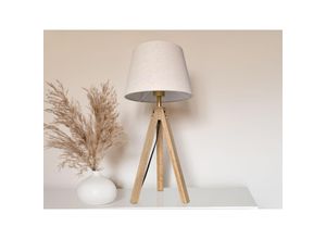 4262442797108 - Meinewunschleuchte - Große Tischlampe mit Dreibein aus Holz Stoffschirm Creme Weiß Höhe 55cm