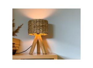 4262442798723 - Meinewunschleuchte - Mini Tischlampe mit Holz Dreibein & Korb Lampenschirm Wasserhyazinthe h 26cm