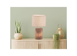 4262442798761 - Meinewunschleuchte - led Tischlampe mit Leinenschirm Beige & Betonfuß Holzoptik 43cm groß