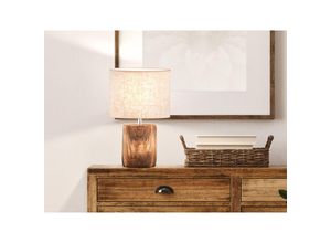 4262442798778 - Meinewunschleuchte - led Tischlampe mit Leinenschirm Beige & Betonfuß Holzoptik Höhe 35cm