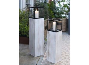 4262496610910 - Dekoleidenschaft - 2x Windlichtsäule Modern Shabby aus Holz Metall & Glas 60 + 78 cm hoch Kerzenhalter Kerzenständer Dekosäule für Wohnzimmer