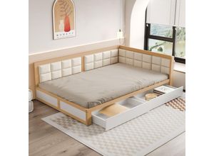 4281280146473 - Okwish - Schlafsofa aus Holz 140x200 Multifunktionsbett weiche Rückenlehnenform große Schubladen Lattenrost Einzelbett aus Kiefernholz Holzfarbe