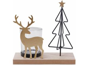 4333692771504 - Trendline - Teelichthalter Holz-Metall mit Hirsch und Tannenbaum 15 x 15 cm natur-schwarz Teelichthalter