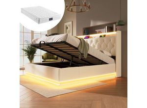 4351280144714 - Okwish - Polsterbett-Doppelbett 360-Surround-LED-Funktion Druckknopf APP Fernbedienung 160200 cm hydraulisches Stauraumbett aus weißem