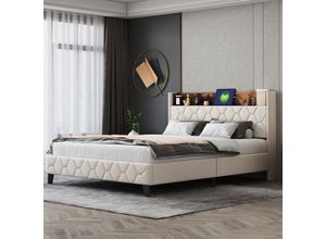 4601279630927 - Polsterbett 160 x 200 cm Stauraum am Kopfteil mit USB-Anschluss niedriges Doppelbett-Gästebett in hautfreundlichem Kardamomsamt Beige 4601279630927 - Polsterbett 160 x 200 cm Stauraum am Kopfteil mit USB-Anschluss niedriges Doppelbett-Gästebett in hautfreundlichem Kardamomsamt Beige