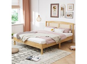 4601280137774 - Okwish - Doppelbett Rattanbett Jugendbett Erwachsenenbett 160X200cm Rattan-Netzkissen mit 15 Lattenrosten und Mittelbeinen Kiefer + PE-Rattan