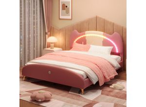 4601280142976 - Polsterbett Doppelbett Kinderbett Kinderbett mit Holzlatten mit Massivholzrahmen und Eisenrohr LED-Streifen MDF + weicher Schwamm + PU-Leder