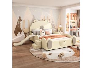 4611280139746 - Okwish - Cartoon-Bett 140200 cm Kinderbett Bärenbett ausgestattet mit Rutsche und Leiter PU-Material leicht zu reinigen niedliche Form Beige