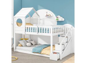 4641280135639 - Okwish - Baumhaus Kinderbett Ein- und Aussteigen Doppelbett Hausförmiges Kinderbett Leiterschrank Kiefernholzhausbett für Kinder 90 x 200 cm