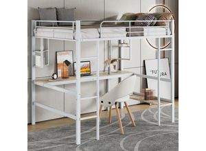 4671280146021 - Metallbett mit Bettgestell 90x200cm Eisenbett mit Schreibtisch Hochbett mit vier kleinen Regalen und einem großen Bücherregal für Kinder