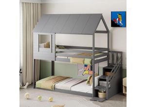 4681280143357 - Okwish - Kinderbett Holz-Etagenbett 90 x 200 cm Dachkonstruktion Sicherheitstreppe mit mehreren Staufächern Lattenrost Einzelbett Kinderbett