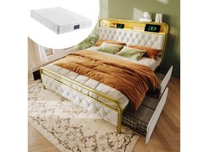 4691277628460 - Okwish - Polsterbett Doppelbett mit aufladen usb Type c Ladefunktion APP-Control led Bettgestell Metallbett 140×200 Bettrahmen und 4 Schubladen Samt