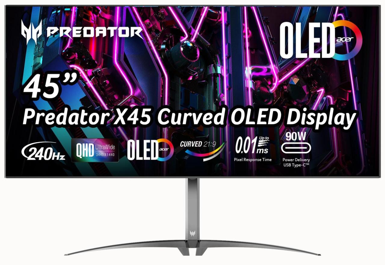 4711121493447 - 445 Zoll Bildschirm Predator X45 - 3440x1440 - 240Hz - OLED - 90W USB-C - Curved - Schwarz - 001 ms AMD FreeSync Premium