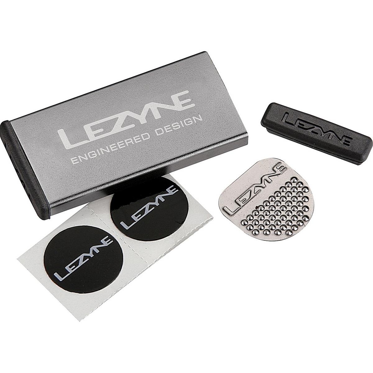 4712805970988 - Lezyne Metall Reparaturset - Aluminium Box mit 6 Patches 1 Kratzer 1 Reifenprotektor Grau