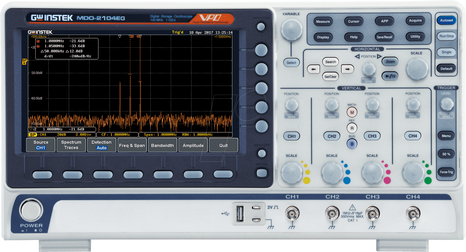 4713008671504 - GW Instek MDO-2104EG Digital-Oszilloskop 100 MHz 1 GSa s 10 Mpts 8 Bit Digital-Speicher (DSO) Spectrum-Analyser 1 St