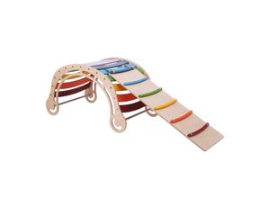 4751038480642 - KateHaa XXL-Wippe Waldorf aus Holz mit Kletterwand Regenbogenfarben Indoor Kletterbogen   Klettergerüst für Kinder Montessori Spielzeug - Braun