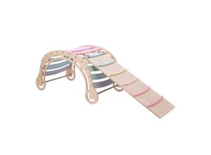 4751038480666 - KateHaa XXL-Wippe Waldorf aus Holz mit Kletterwand Pastellfarben Indoor Kletterbogen   Klettergerüst für Kinder Montessori Spielzeug - Braun