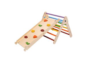 4751038480932 - KateHaa Kletterdreieck aus Holz mit Kletterwand   Rutsche Regenbogenfarben Indoor Klettergerüst für Kinder Montessori Spielzeug - Braun