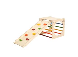 4751038480963 - Katehaa - Activity Cube   Holzwürfel aus Holz mit Kletterwand Regenbogenfarben Indoor Klettergerüst für Kinder Montessori Spielzeug - Braun