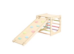 4751038480970 - Katehaa - Activity Cube   Holzwürfel aus Holz mit Kletterwand Pastellfarben Indoor Klettergerüst für Kinder Montessori Spielzeug - Braun