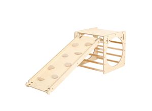 4751038480994 - Katehaa - Activity Cube   Holzwürfel aus Holz mit Kletterwand Naturfarben Indoor Klettergerüst für Kinder Montessori Spielzeug - Braun