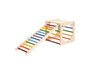 4751038481052 - Katehaa - Activity Cube   Holzwürfel aus Holz mit Leiter Regenbogenfarben Indoor Klettergerüst für Kinder Montessori Spielzeug - Braun