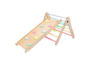 4751038481113 - Katehaa - Kletterdreieck aus Holz mit Leiter & Kletterwand Pastellfarben Indoor Klettergerüst für Kinder Montessori Spielzeug - Braun