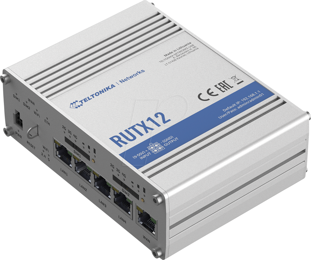 4779027312743 - RUTX12 - Wireless Router - WWAN - 5-Port-Switch - GigE PPP Modbus Wi-Fi 5 - Bluetooth 40 80211a b g n ac Wave 2