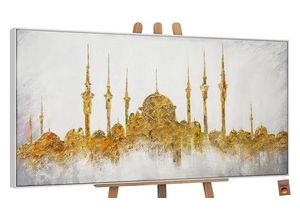 4820250004148 - YS-Art Gemälde Moschee Leinwandbild Islam Moschee in Gold mit Rahmen