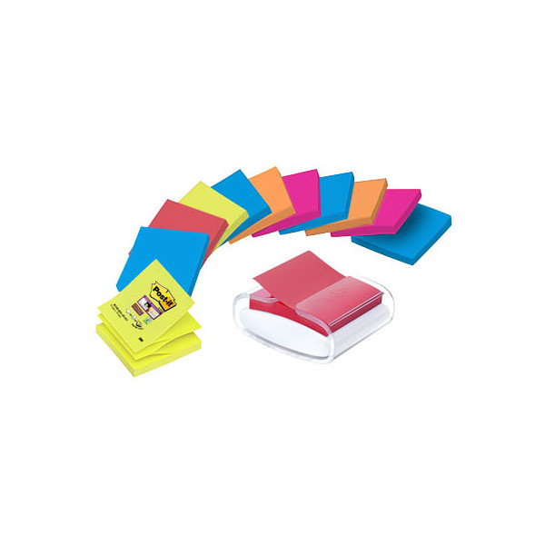 4891203054398 - AKTION Post-it® Super Sticky Z-Notes Bora Bora + Bangkok-Collection Haftnotizen-Set extrastark farbsortiert 12 Blöcke + GRATIS Spender